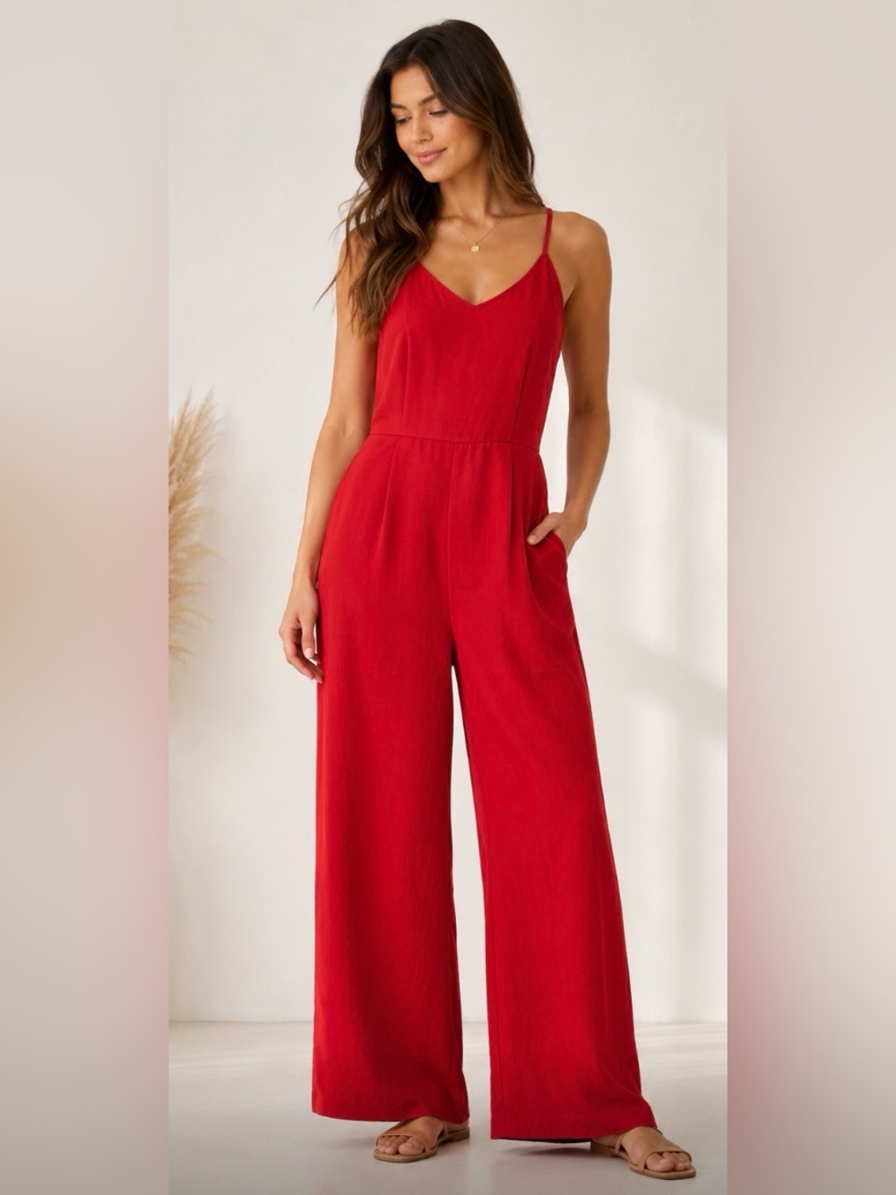 Red Sleeveless Wide-Leg Jumpsuit